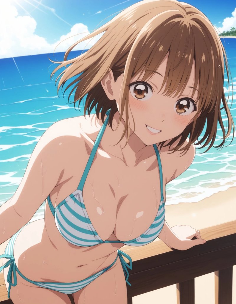 Nhân vật anime mặc bikini bên hồ bơi.