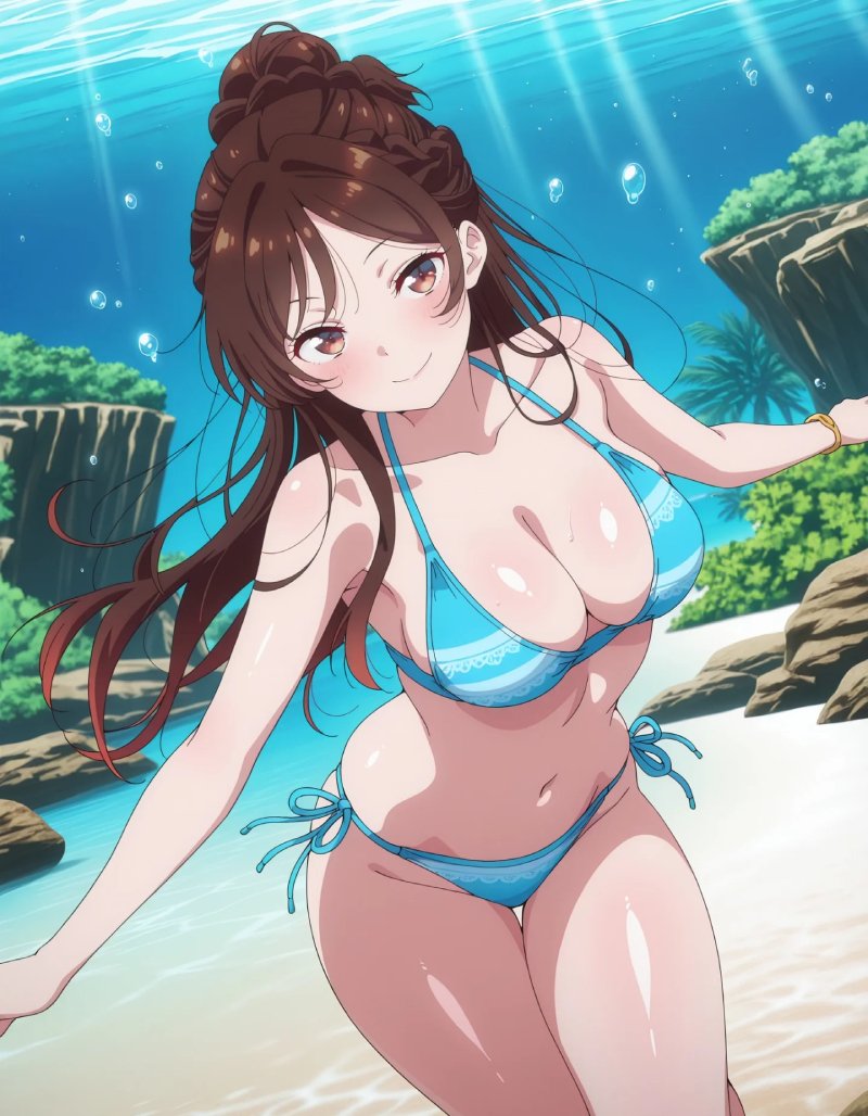 Nhân vật anime mặc bikini trong không gian mùa hè.