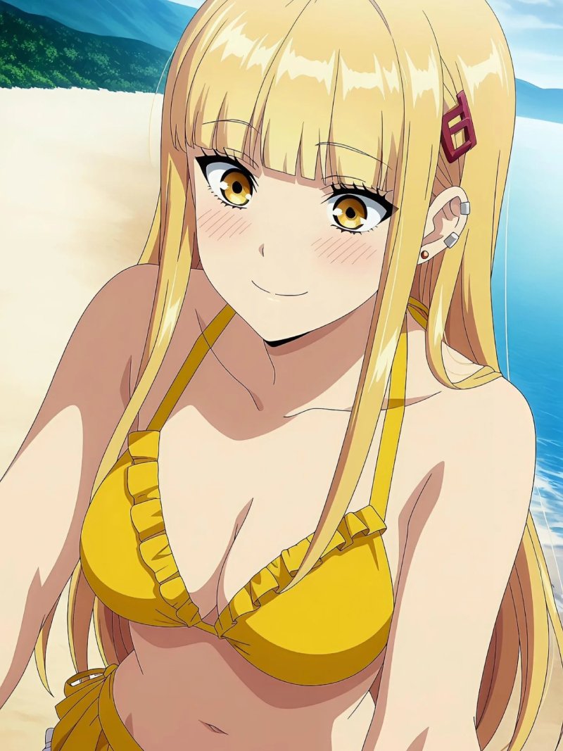 Ảnh anime mặc bikini nổi bật trên nền biển.